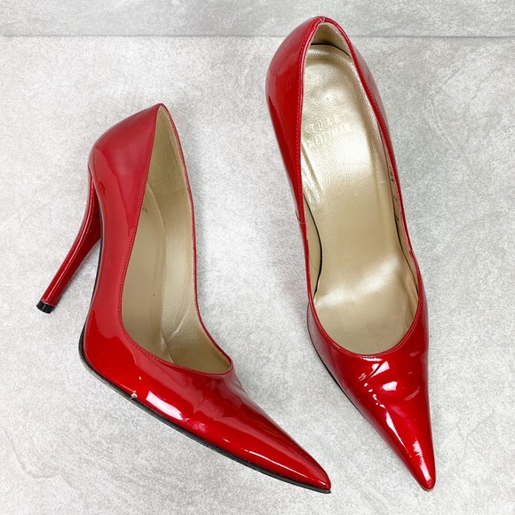 stuart weitzman red patent leather pumps